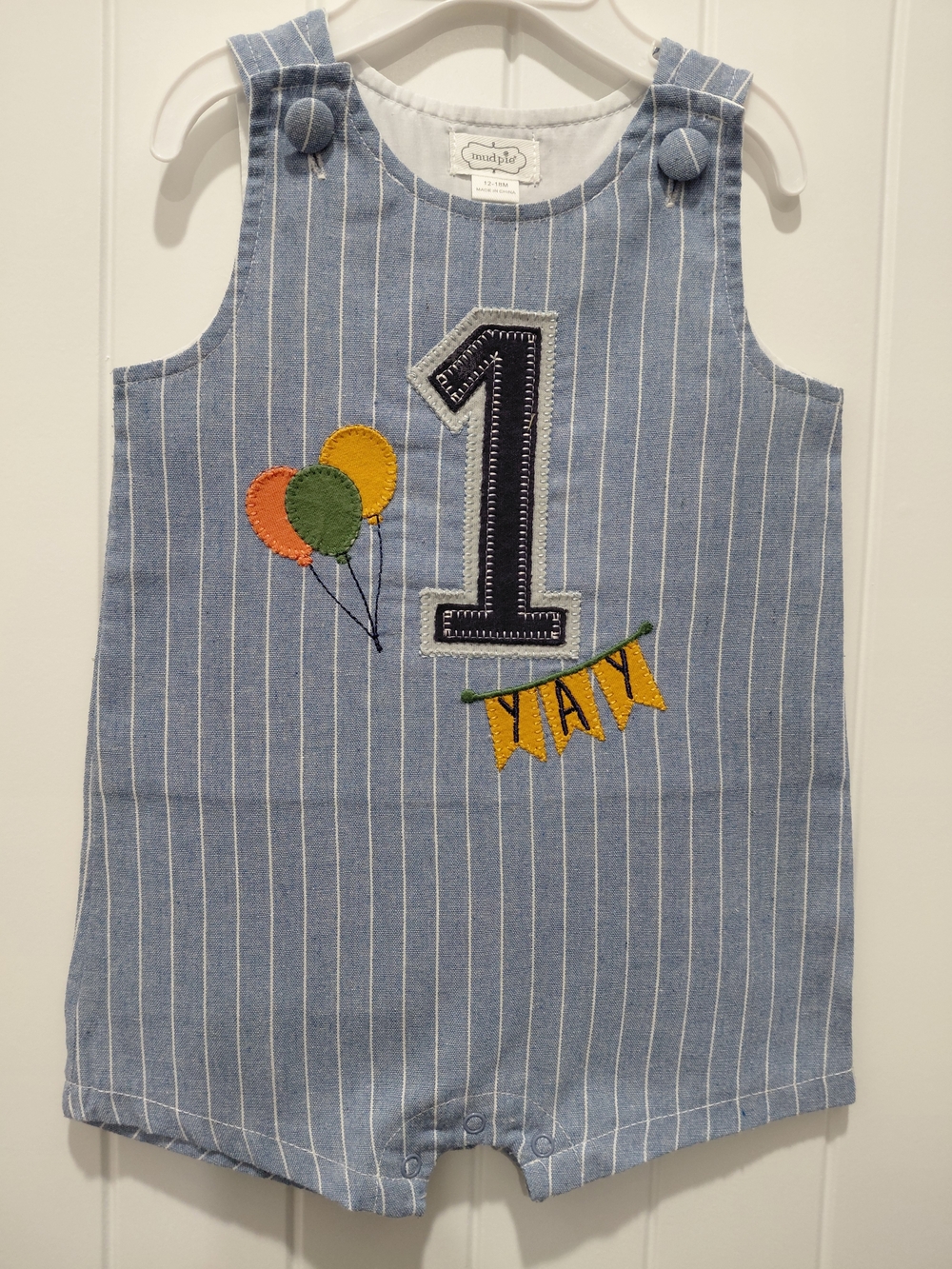 Mud Pie Blue Pinstripe '1' Applique Celebration Romper #0744